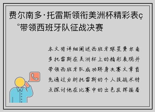费尔南多·托雷斯领衔美洲杯精彩表现带领西班牙队征战决赛